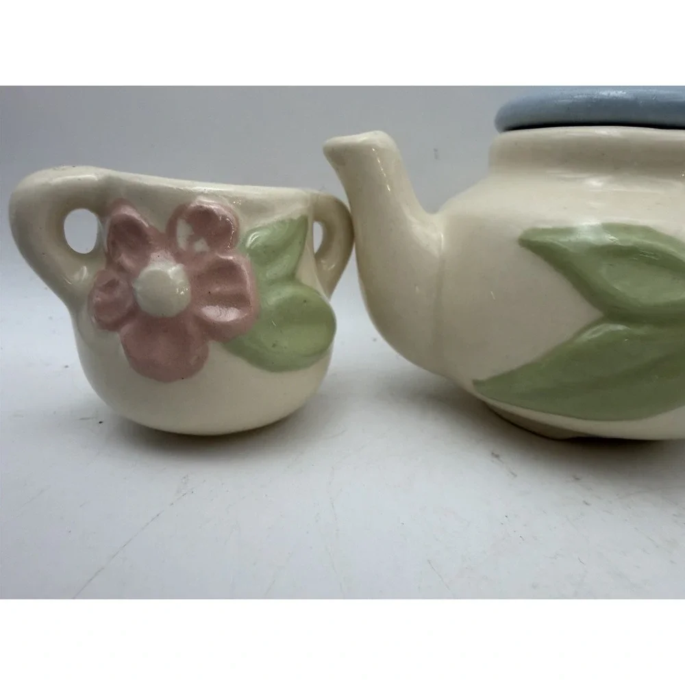 Vintage Child's Miniature Ceramic Tea Set Teapot Creamer Sugar Floral 3 Pc